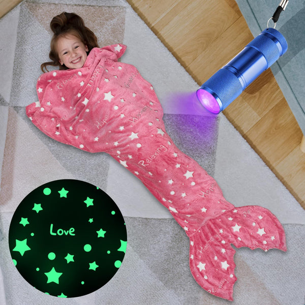 Mermaid Tail Blanket for Girls, Glow in The Dark Sleeping Bag, Plush Cozy Soft Fleece Throw for Age 2-12, Valentine's