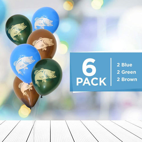 Gone Fishin' Party Balloons (6 pcs.) - 12" Latex Balloons in 3 Vibrant Colors with Largemouth Bass Print