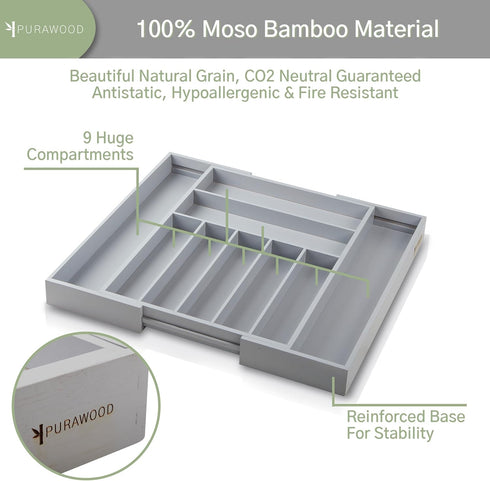Purawood Large Bamboo Silverware Organizer - Expandable Kitchen Drawer & Utensil Tray with Drawer Dividers (Grey)