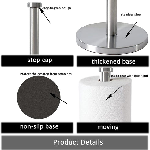 Stainless Steel Paper Towel Holder, Silver Countertop for Kitchen Bathroom, Standing Holder with Weighted Base for