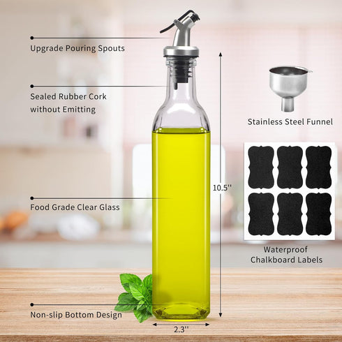 4 Pack 17oz 500ml BAKHUK Olive Oil Dispenser Bottles, Clear Glass Vinegar Cruet with Pourers and Funnel for Kitchen