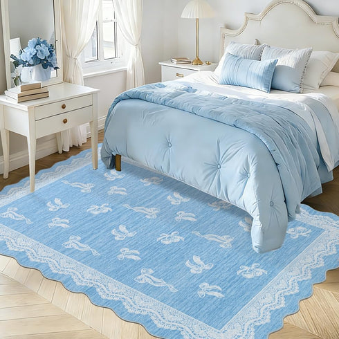 5x7 ORTIGIA Scalloped Area Rug for Living Room, Blue Washable Low Pile Non Slip Rug with Bow Large Carpet for Kid