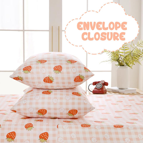 Set 4 Yibeizi Pink Strawberry Sheet for Girls, Cute Full Size Kids Checkered Patterned Bedsheet Microfiber Deep Pocket