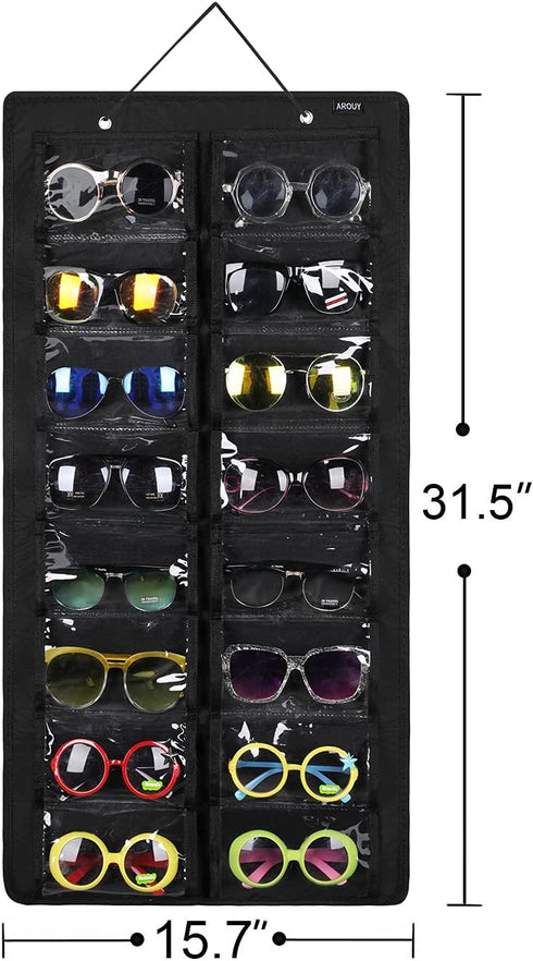 AROUY Sunglasses Organizer with 16 Felt Slots, Dust Proof Wall Pocket Glasses Holder, Black, Sturdy Rope and Metal Hook