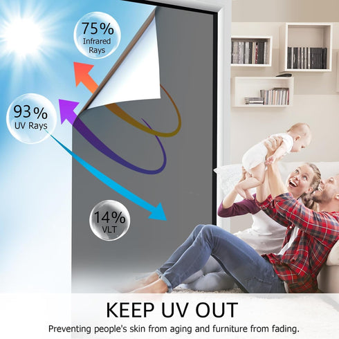 HIDBEA Daytime Privacy One Way Window Film - Black Silver Static Cling Heat Control Tinting for Home/Office, 17.5 x