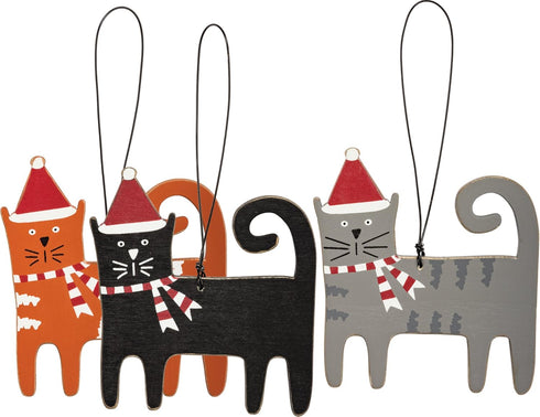 Christmas Cat Ornaments Set of 3, Wood, Wire, SIZE: 3.25in x 3.50in