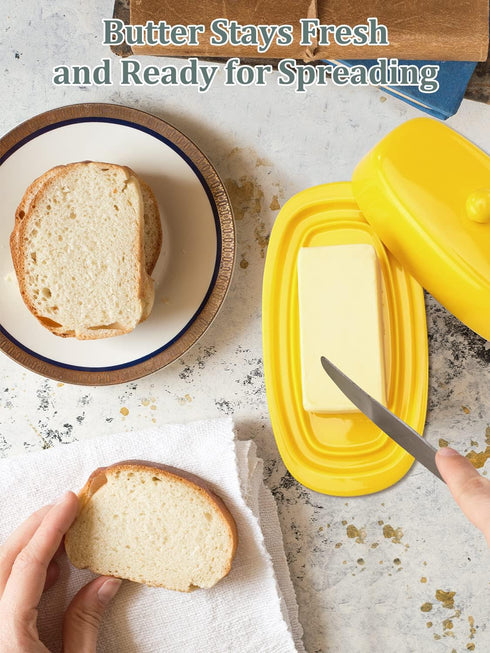 Yedio Ceramic Butter Dish with Lid for Countertop, 8 Inch Butter Holder with Knob Handle for East/West Coast Butter