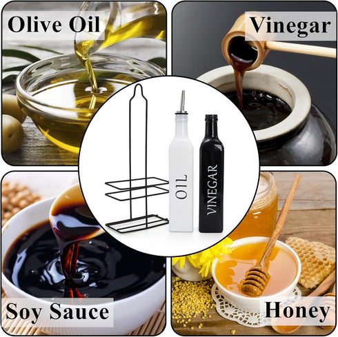 2 Pack Set 17oz Tebery Oil and Vinegar Dispenser with Caddy Holder, Black & White Olive Oil Dispenser Bottle, Cute