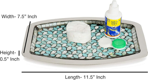 nu steel Sea Foam Amenity Tray, Aqua Blue/Silver Glass Mosaic, Stainless Steel for Bathrooms & Vanity Spaces