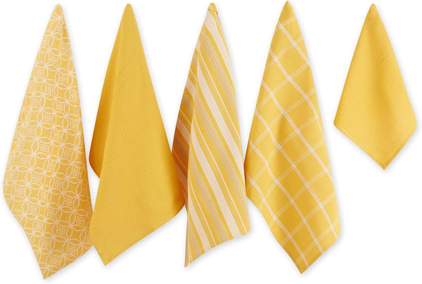 DII Assorted Woven Kitchen Set, 5 Piece - Dishtowel 18x28, Dishcloth 13x13, Mustard