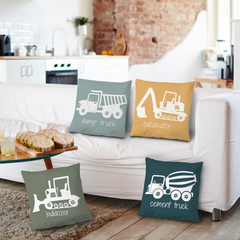 18x18 Set 4 Construction Truck Decor for Toddler Boys Room - Bedroom Playroom Nursery, Truck Pillow Covers