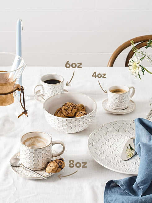 8 oz Set 4, Set LE TAUCI Stackable Latte Cups with Saucers and Stand, of Large Ceramic Coffee Cup and Saucer for Tea