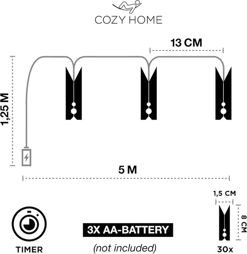 Cobus CozyHome 5.5YD 30x - photo string with clips battery with timer remote | light clips led | hanging fairy picture