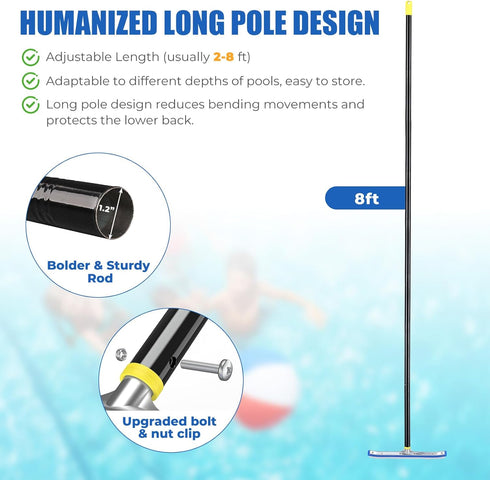 8FT 2-in-1 Commercial) Heavy Duty Pool Brush Combo - Pool Scrubber with Aluminum Frame & Nylon Brush Head, Adjustable