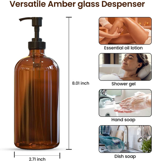 16 OZ Thick Amber Glass Soap Dispenser with Plastic Pump, 2 Pack, Hand and Dish Soap Dispenser Set with Labels