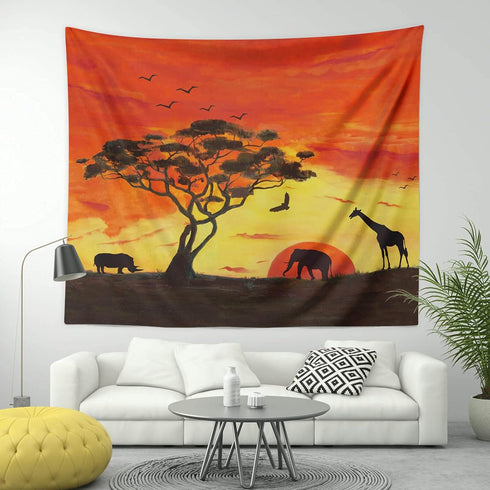 Animal Tapestry Small, Handpainted Safari African Elephant Tree Silhouette Fabric Wall Hanging Decor for Bedroom