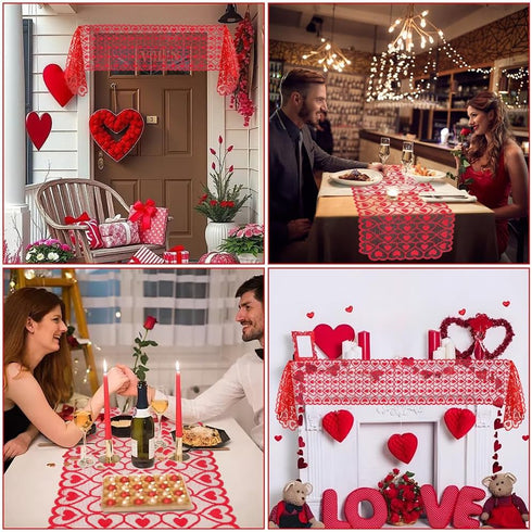 UnslQonds 71 Inch Valentine Table Runner, Long Red Lace Heart Table Runner Backdrop Valentines Decorations Indoor Desk
