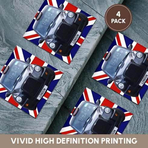 3dRose London Black Taxi Cab on British Flag, Ceramic Tile Coasters, Set of 4