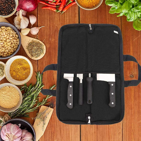 QEES Knife Roll Bag with 4 Slots for Home Kitchen Knife Tools, Durable Chef Knife Carrier with Handle for Culinary