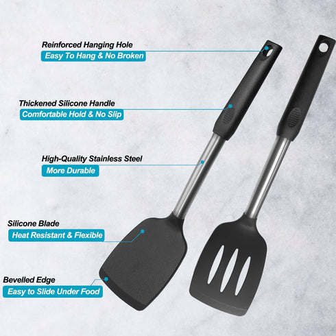 2-Pack Solid & Slotted Silicone Spatula Set, Stainless Steel Handle, Heat Resistant Rubber Turners