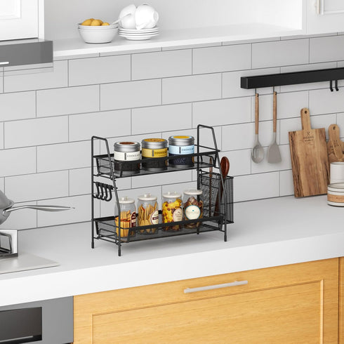 VITVITI 2-Tier Black Bathroom Counter Organizer, Metal Wire Mesh Storage with Basket Hooks, Vanity Tray Shelf