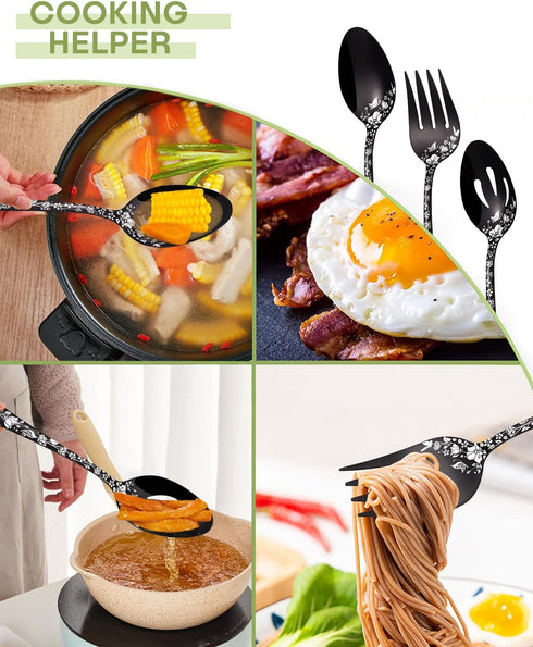 Stapava 5PCS Black Serving Utensils Set, Stainless Steel Flatware with Large Serving Spoon, Dishwasher Safe