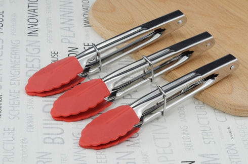 Set of 3 Small Kitchen Tongs with Silicone Tips, 7 Inch (Red)