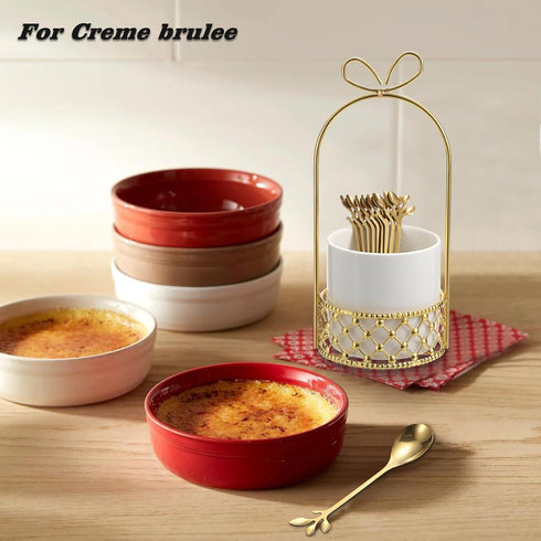ELLDOO Coffee Spoon Set, 8 Stainless Steel Gold Leaf Coffee Spoons with White Ceramic Holder