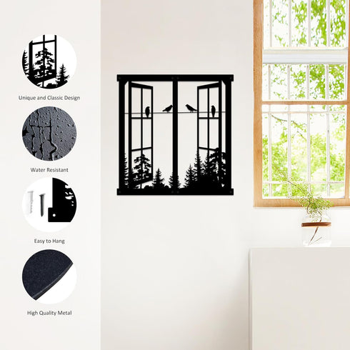 Resama Metal Wall Art, Birds In the Window Landscape Wall Hanger, Mountain and Forest Nature Decor, Unique Large Wall