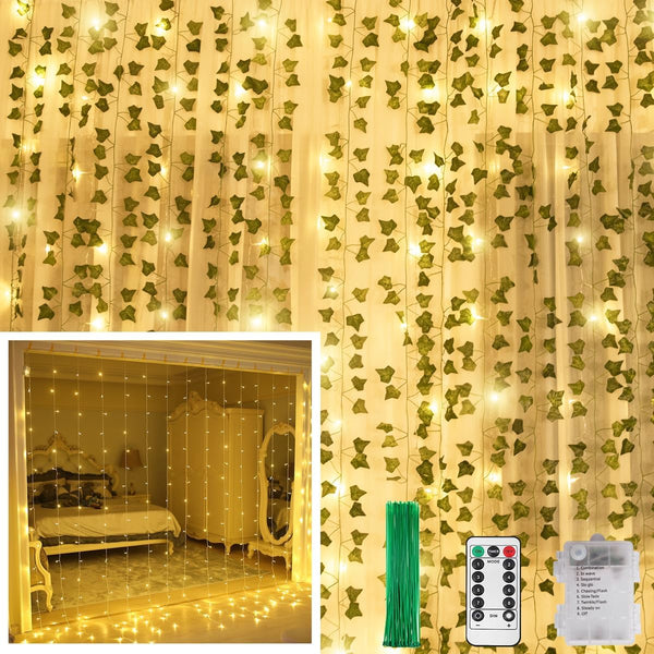 KASZOO 12 Pack Artificial Ivy Leaf Plants with 240 LED Window Curtain