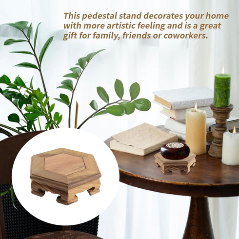 4.65" 1.38" Wooden Display Stand Base x Hexagonal Wood Carved Pedestal Oriental Style Home Decoration for Vase, Flower