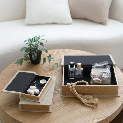 Modern Linen and Wood Decorative Faux Book Boxes Set of 3 - 13", 10", 8" - Beige
