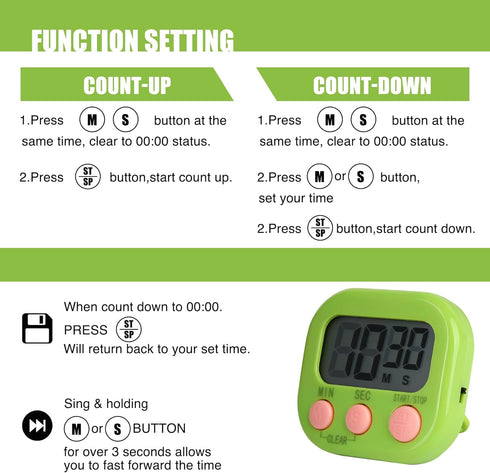 Saooumean 6 Pack Countdown Multi-Function Electronic Timer, Colorful Kitchen Timers Digital Magnetic, Timer, Big LCD
