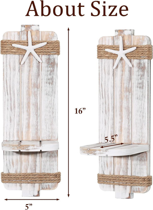 SUJUN (Set 2) Disdressed Starfish Wall Candle Sconces of - Beach Decor, Ocean Themed Wall-Mount Candleholders, Nautical