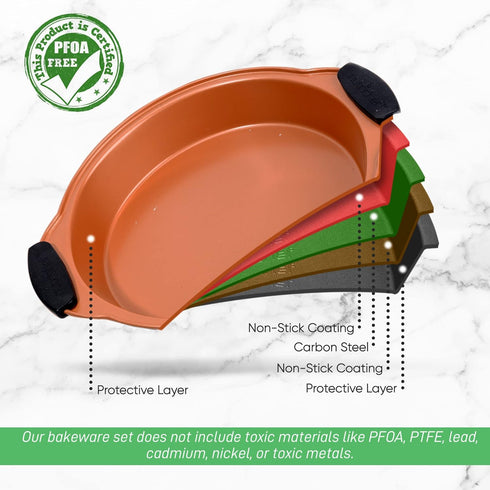 NutriChef Non Stick Round Cake Pan, 9.7 Inch Commercial Grade Metal Bakeware with Silicone Handles