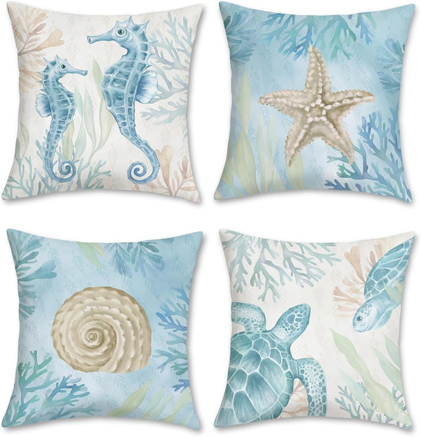 Bonhause Ocean Beach Throw Pillow Covers 20 x 20 Inch, Seahorse Turtle Starfish Coastal Outdoor Decorative Pillows,