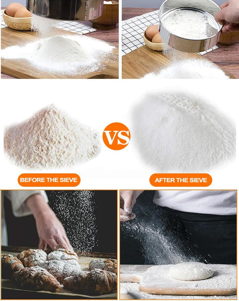 Sifter for Baking, Stainless Steel Round Flour Sifter with Dough Scraper, Diameter 6-8-10-12inch, Mesh-Hole Size 0.25mm