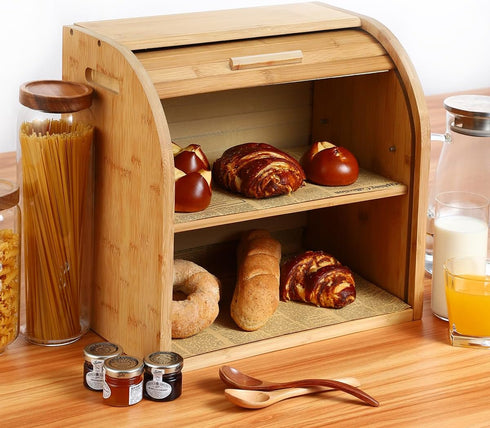 2 15" 9.8" 14.2", 15 mm G.a HOMEFAVOR Bread Box, Layer Bamboo Bread Boxes for Kitchen Food Storage, Large Capacity