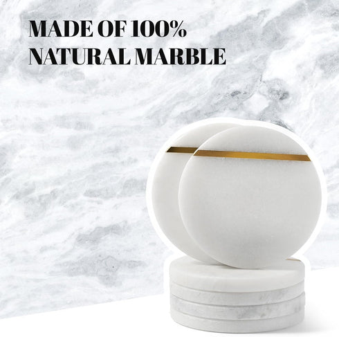 Set 6 3.9" Inches Koville White Marble Coasters of for Coffee Table, Handmade Round Coaster, Luxury Aesthetic Marble