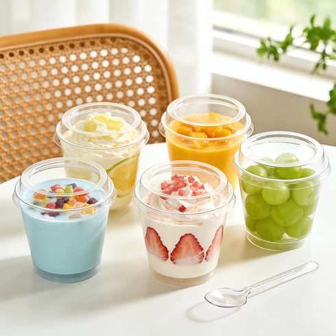 50 Pack 6 oz Plastic Dessert Cups with Lids and Spoons, Clear Round Pudding Parfait Shooter Jello Fruit Cups for Party