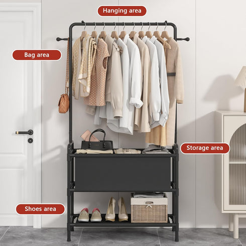 Calmootey Clothing Rack with Storage Bag, 3-in-1 Garment Rack for Bedroom, Hallway, Entryway, Black