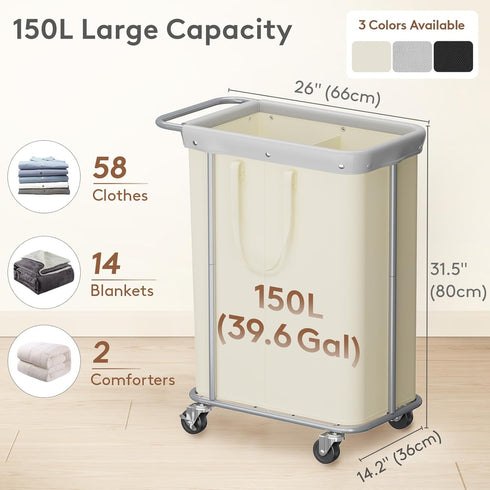 150L 2 Lifewit Large Laundry Basket with Wheels, Tall Section Laundry Hamper Organizer, Rolling Laundry Cart with Steel