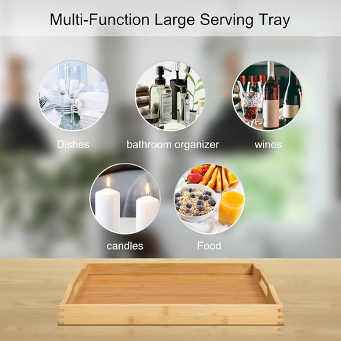 Counter, Bamboo Food Serving Tray with Handles, Breakfast Bed Tray for Tea,Snack,Dinner, Home Decorative Storage Food