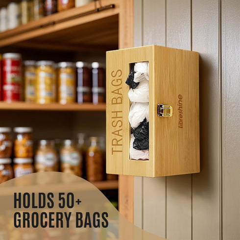 8-33 50+ Libreshine Bamboo Garbage Bag Holder, Multi-Mount Space-Saving Trash Bag Organizer for Kitchen, Pantry, Holds