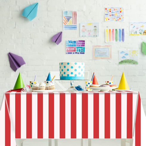 Peony Man 2 Pieces Red and White Striped Tablecloth - Plastic Waterproof Table Cover for Holiday Party Decoration