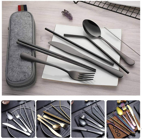 Travel Utensils Set with Case - Reusable Stainless Steel Silverware, 9 Pcs Portable Cutlery Set for Lunch Boxes,