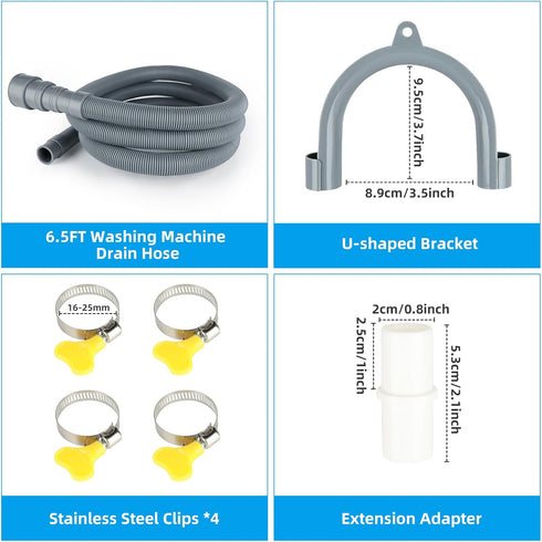 6.5FT Washing Machine Drain Hose, Universal Dishwasher Drain Hose Extension Kits, Flexible Washer Drain Hose Washer Hose, Portable Discharge Washer Hoses with 1 U-Bend Holder 4 Hose Clamp