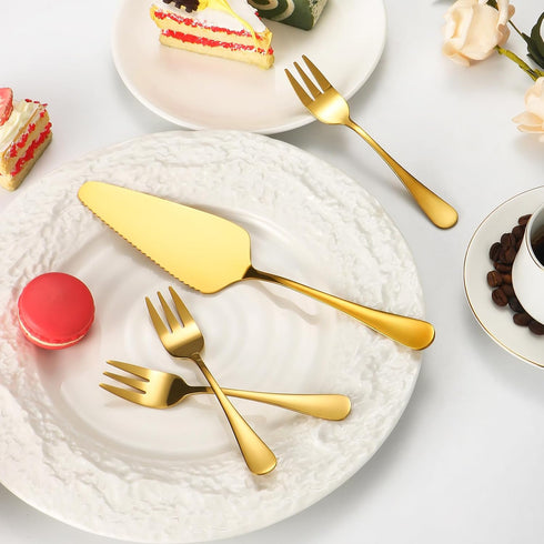 Cake Knife and Server Set with 6 Pcs Cake Forks, Wedding Cake Cutting Set for Parties (8 PCS, Gold)