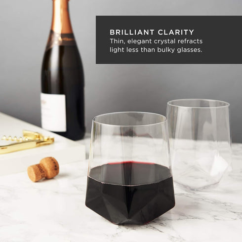 Viski Raye Faceted Crystal Wine Glasses - Set of 2, No-Lead Premium Crystal Clear Glass, Modern Stemless, 20 oz