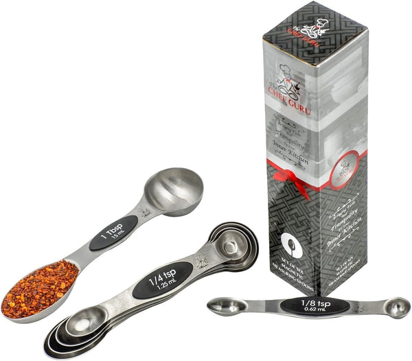 1/8, 1/4, 1/2 tsp, 1 tsp, 1/2, 1 Tbls, 18/10 (304) Stainless Steel Measuring Spoons, Black